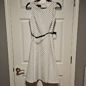 Evan-Picone Classic Polka Dot Sleeveless A-Line Dress with Black Belt